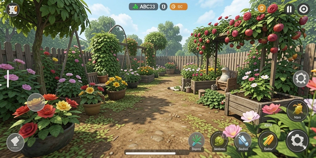 Tampilan gameplay seru ABC33 saat mengelola kebun.