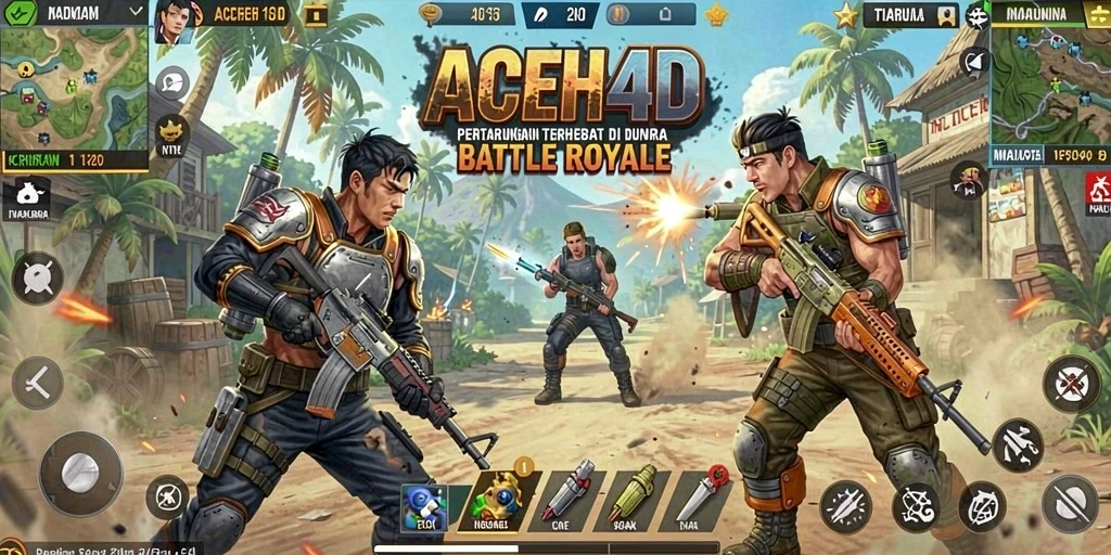 Tampilan aksi mendebarkan dari gameplay ACEH4D di medan perang Battle Royale.