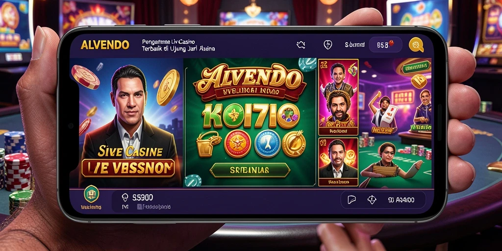 Tangkapan layar gameplay ALVENDO menunjukkan dealer langsung dan atmosfer kasino yang mendebarkan.