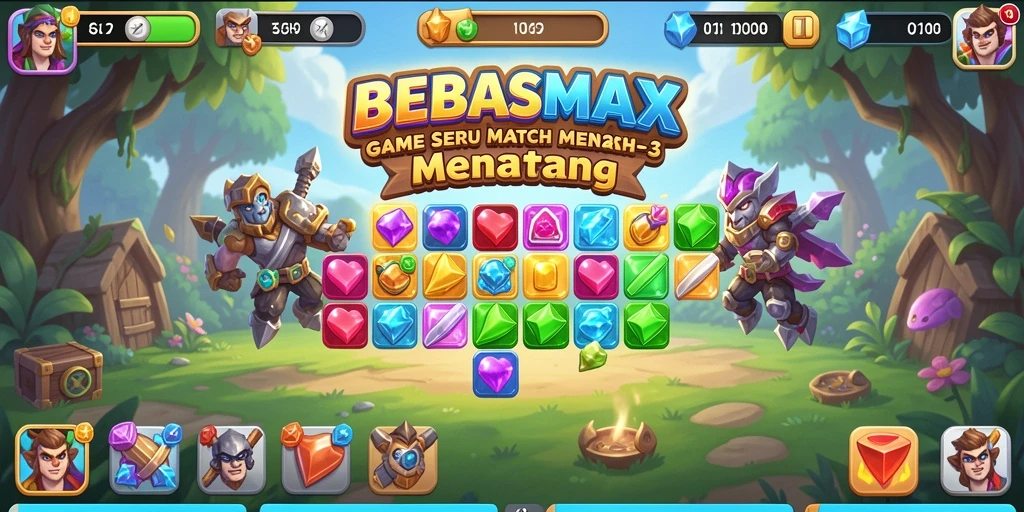 Tampilan gameplay BEBASMAX dengan momen mencocokkan elemen Match-3.