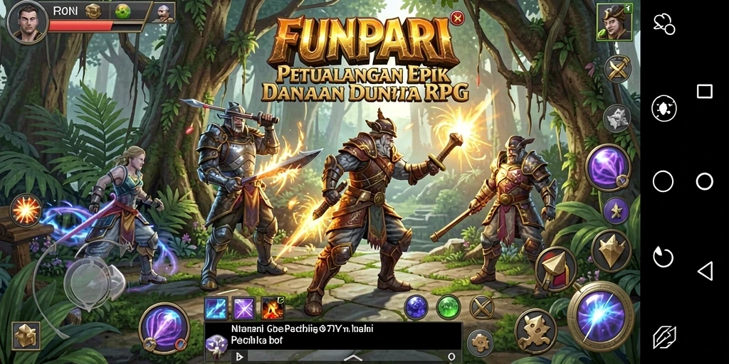 Screenshot utama FUNPARI menampilkan pertarungan seru dalam permainan RPG.