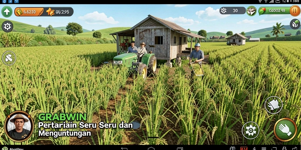 Tampilan gameplay menarik dari GRABWIN dengan kebun yang subur.