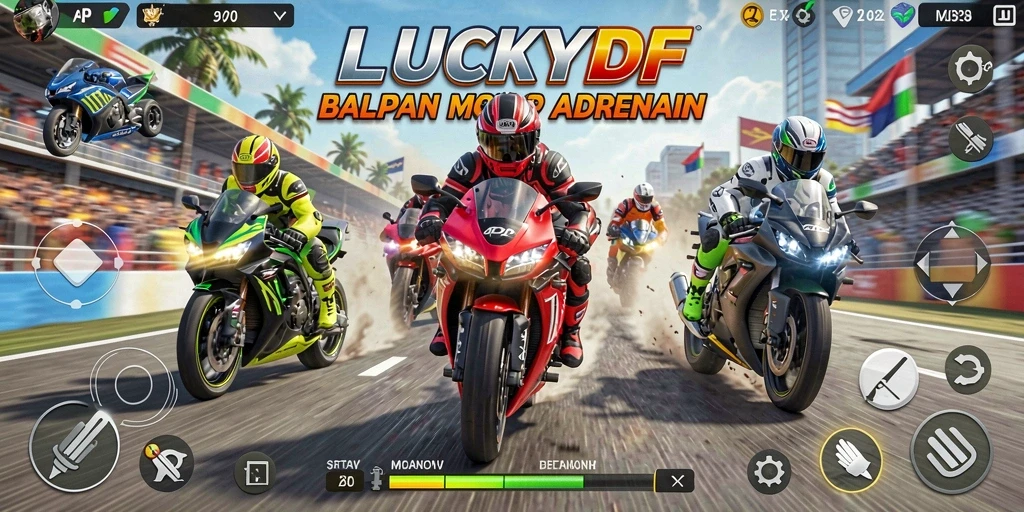 Screenshot gameplay LUCKYDF menampilkan motor balap dalam aksi cepat.