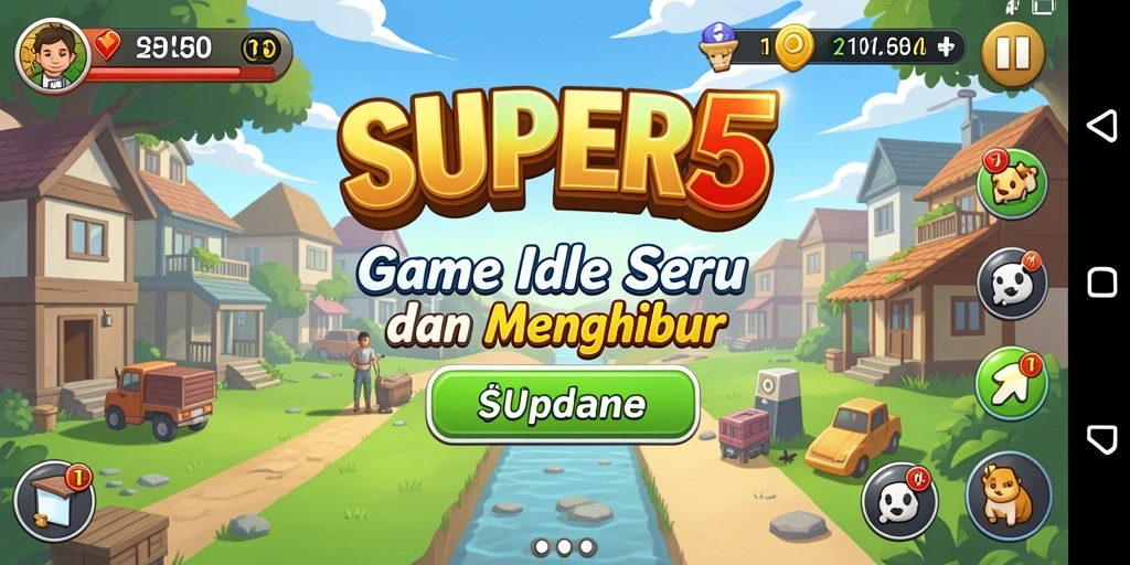 Screenshot utama gameplay menunjukkan aksi santai dalam SUPER5.