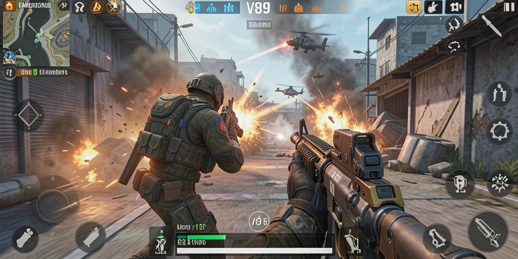 Screenshot V89 menampilkan aksi pertempuran seru dalam game TPS.