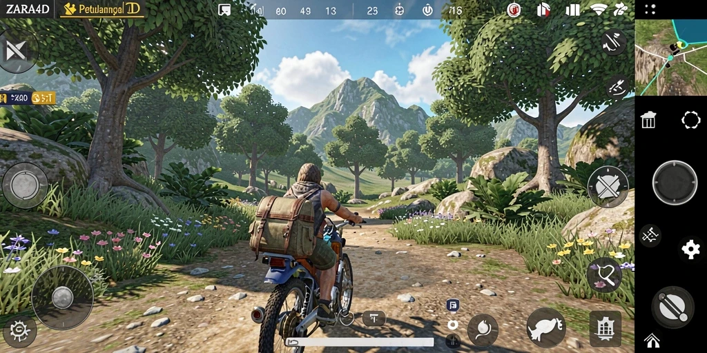 Screenshot gameplay ZARA4D menampilkan karakter berpetualang di dunia terbuka.